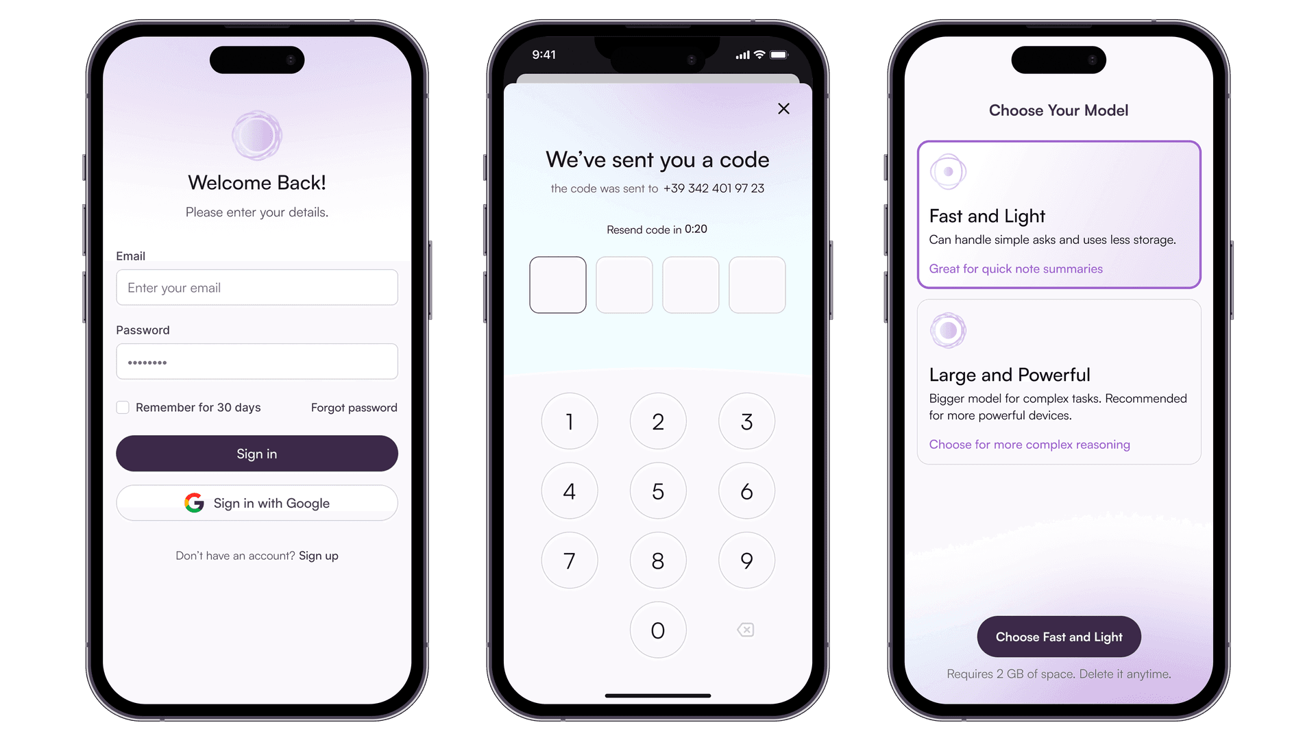 Onboarding flow: login, verification, and model selection with clear performance/storage tradeoffs