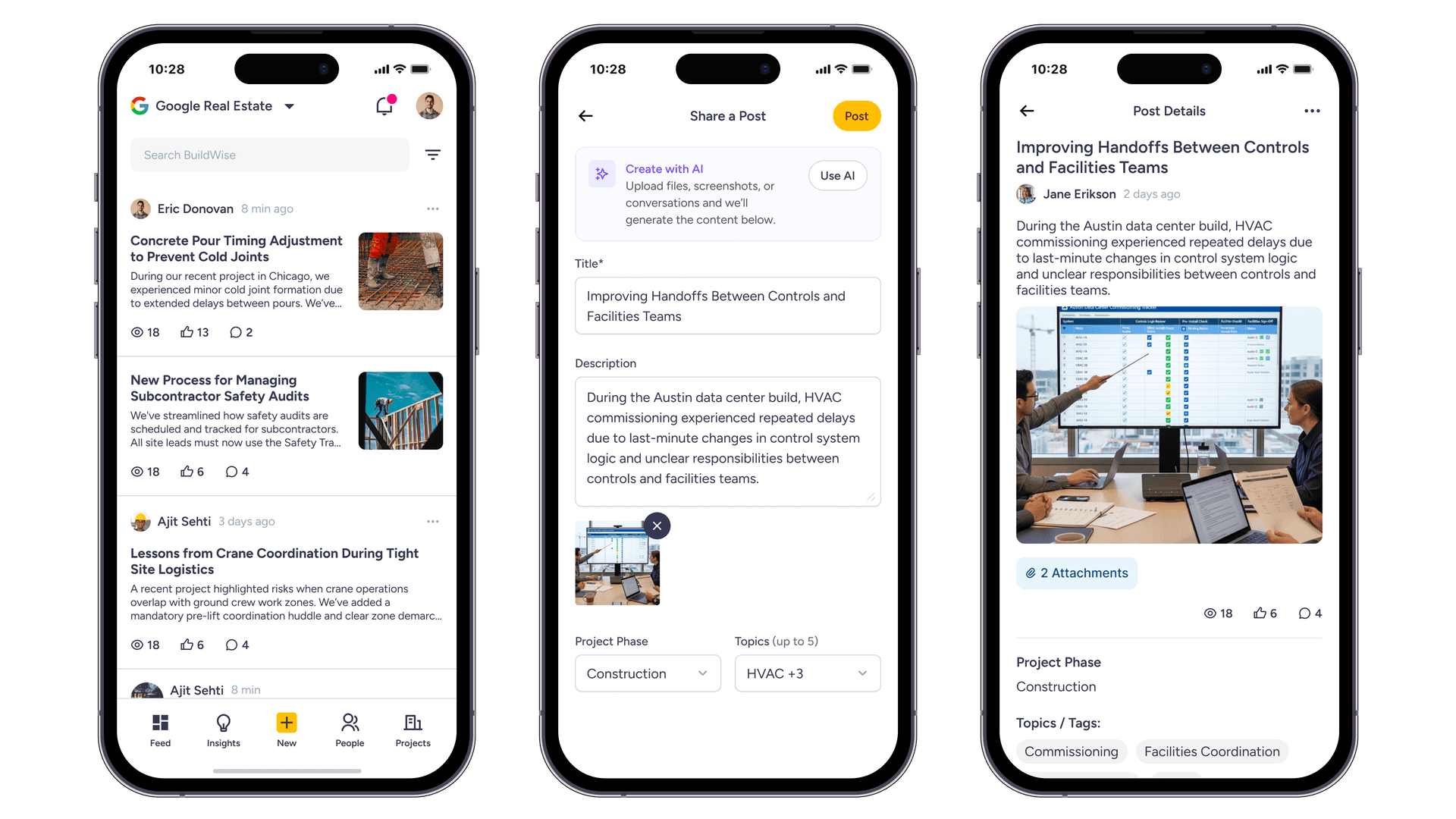 Mobile experience: feed view, content creation with AI assistance, and post details with attachments