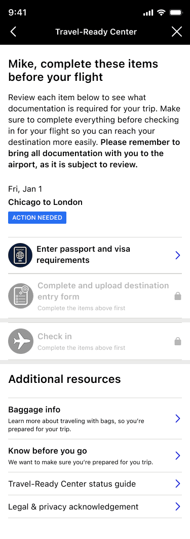 Personalized travel checklist with task-based navigation and progress indicators