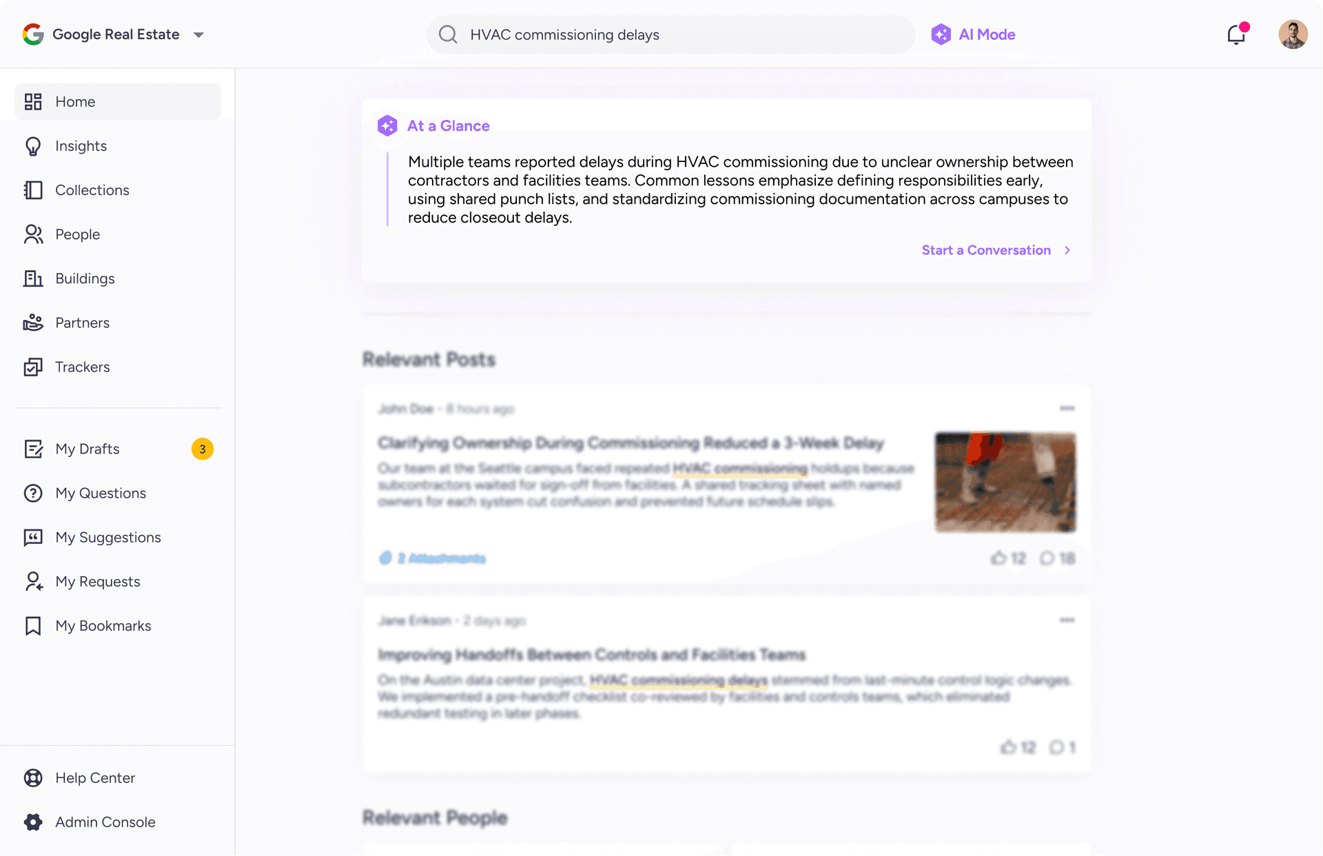Search results showing "Clarifying Ownership During Commissioning" post with attachments and key team members.