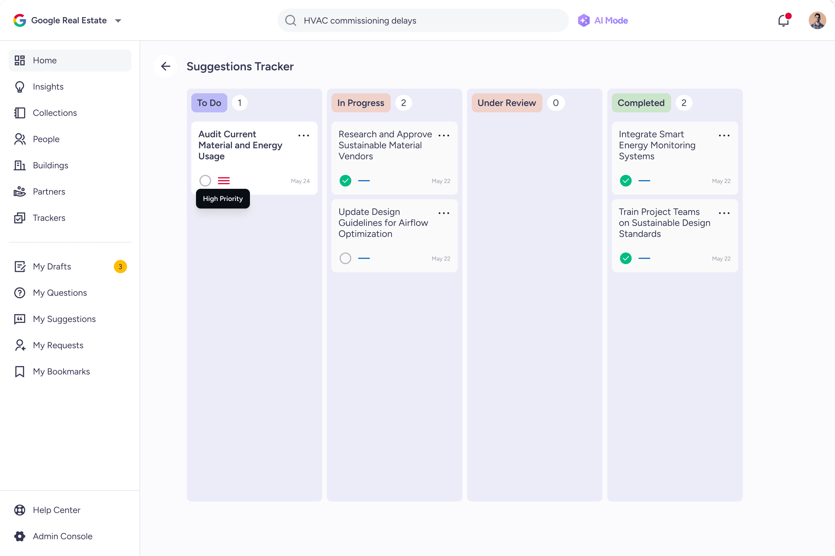 Suggestions Tracker: Kanban board view with priority indicators and ownership clarity.