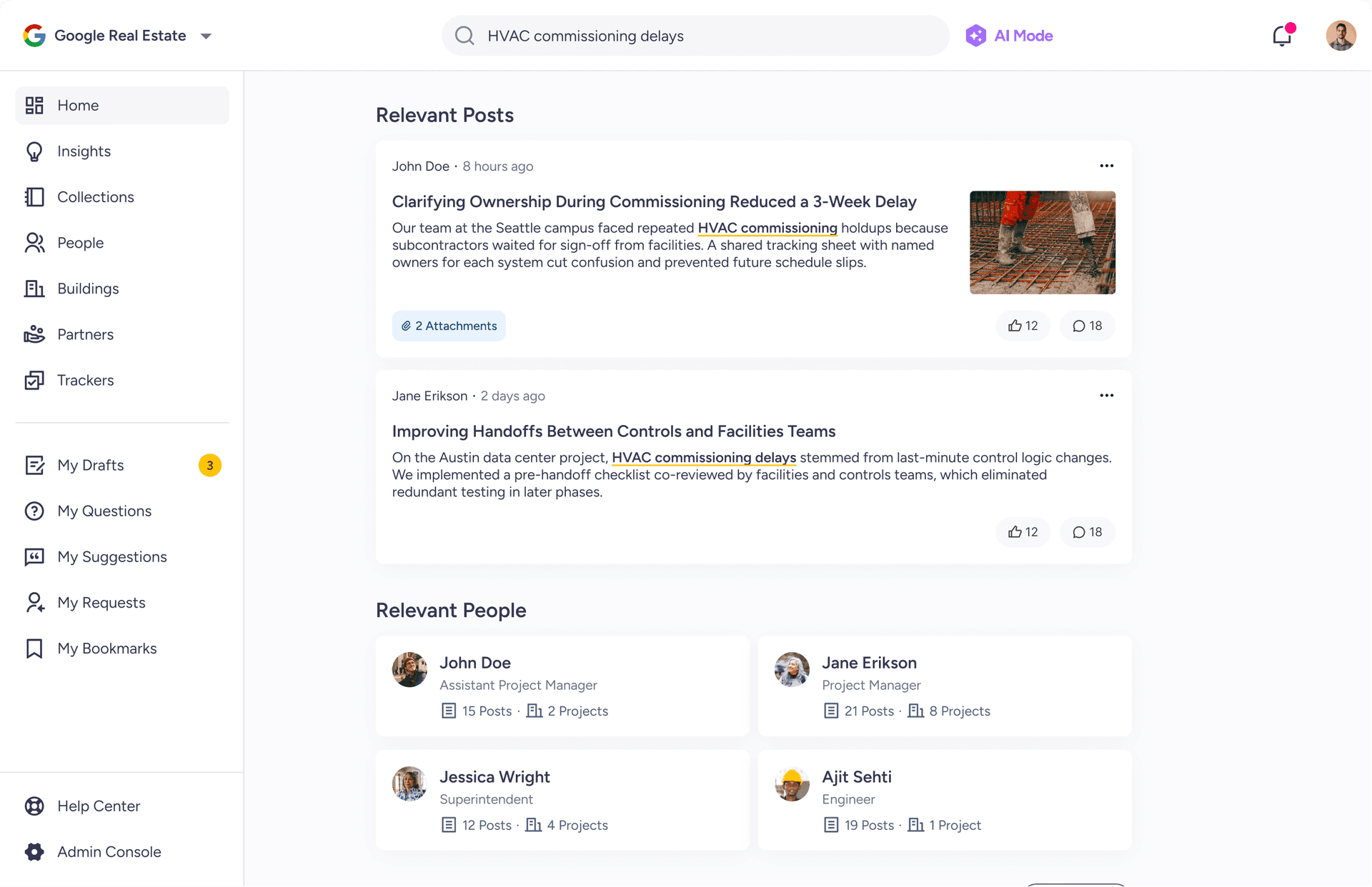 Search results show relevant posts, key people, and collaboration opportunities.