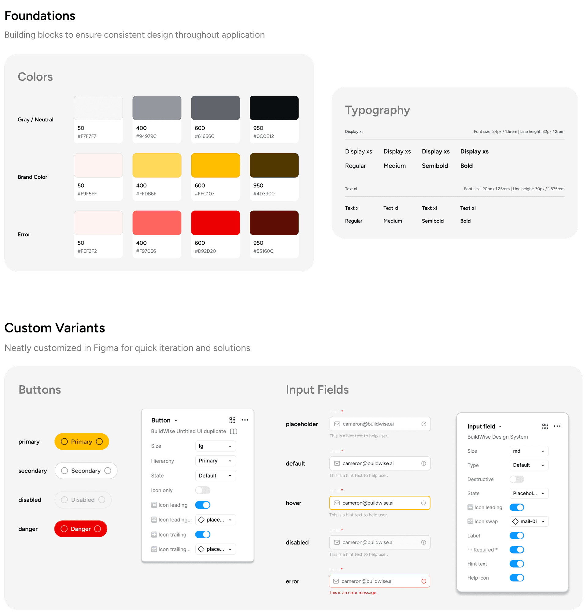 Color palette, typography, and button variants.